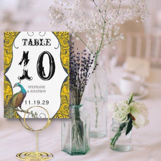 Navy and Mustard Peacock Love Bird Table Number Briefkaart