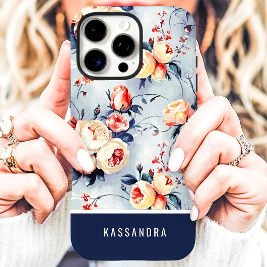 Navy and Peach Custom Name Bloemen Case-Mate iPhone Case