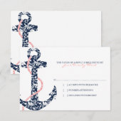Navy and Pink Anchor Beach Wedding rsvp Kaartje (Voorkant / Achterkant)