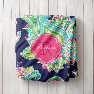 Navy and Pink Boho Paisley Monogrammed Fleece Deken