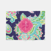 Navy and Pink Boho Paisley Monogrammed Fleece Deken (Voorkant (Horizontaal))