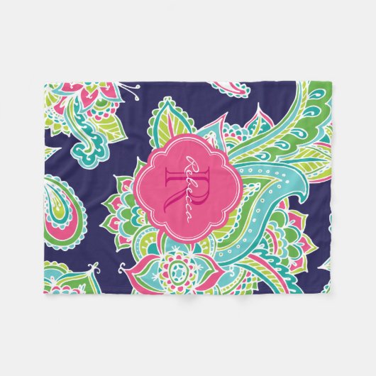 Navy and Pink Boho Paisley Monogrammed Fleece Deken (Voorkant (Horizontaal))