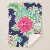 Navy and Pink Boho Paisley Monogrammed Sherpa Deken (Voorkant)