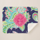 Navy and Pink Boho Paisley Monogrammed Sherpa Deken (Voorkant (horizontaal))