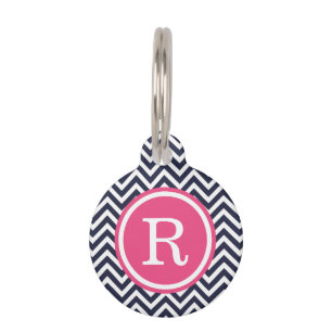Navy and Pink Chevron Monogram Huisdierpenning