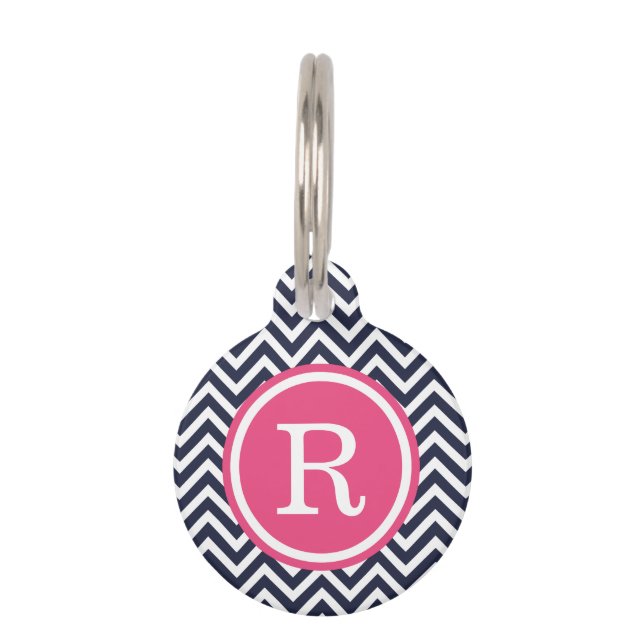 Navy and Pink Chevron Monogram Huisdierpenning (Voorkant)