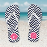 Navy and Pink Chevron Monogram Teenslippers<br><div class="desc">Aangepast gedrukte flip flop sandalen met een stijlvol modern chevron-patroon en uw aangepaste monogram of andere tekst in een cirkelvormig lijst. Klik aanpassen het om tekstdoopvonten en kleuren te veranderen of uw eigen afbeeldingen toe te voegen om unieke één van een soortontwerp te creëer!</div>