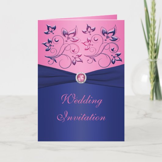 Navy and Pink Floral Kaart Style Wedding Invitatio (Voorkant)