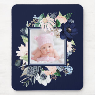 Navy and Pink Floral met foto Donkerblauw Muismat