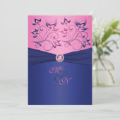 Navy and Pink Floral Monogrammed Invitation Kaart (Staand voorkant)
