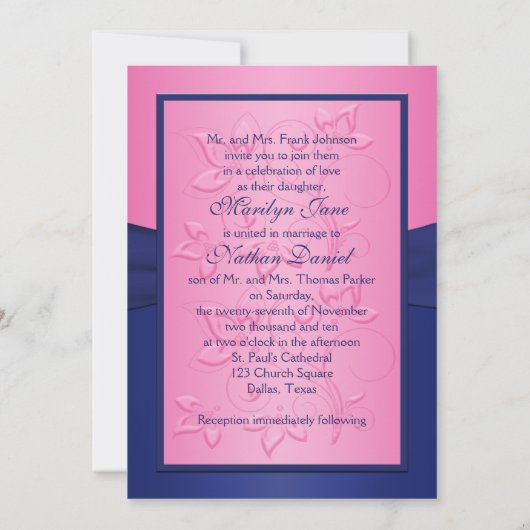 Navy and Pink Floral Monogrammed Invitation Kaart (Achterkant)