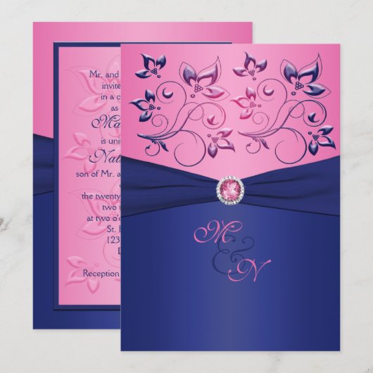 Navy and Pink Floral Monogrammed Invitation Kaart (Voorkant / Achterkant)