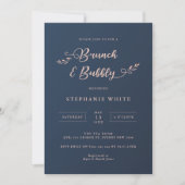 Navy and Pink Foliage Brunch & Bubble Invitation Kaart (Voorkant)