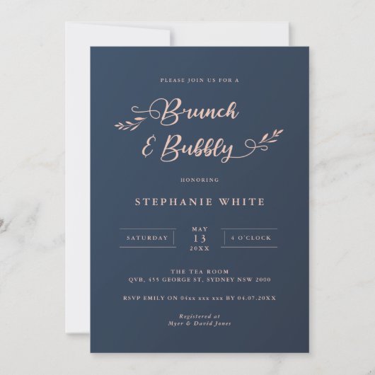 Navy and Pink Foliage Brunch & Bubble Invitation Kaart (Voorkant)