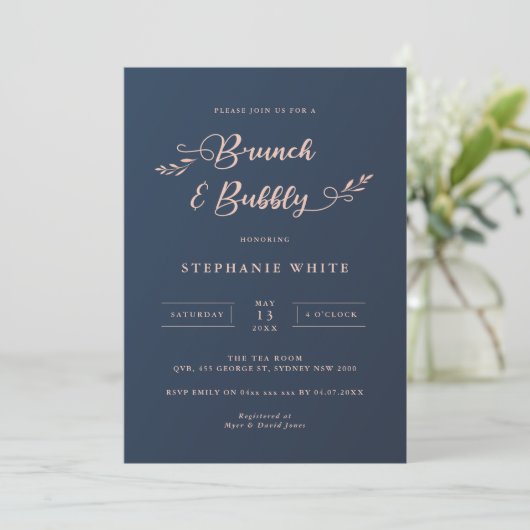 Navy and Pink Foliage Brunch & Bubble Invitation Kaart (Staand voorkant)
