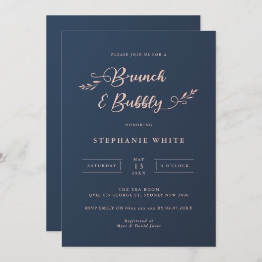 Navy and Pink Foliage Brunch & Bubble Invitation Kaart (Voorkant / Achterkant)