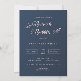 Navy and Pink Foliage Brunch & Bubble Invitation Kaart