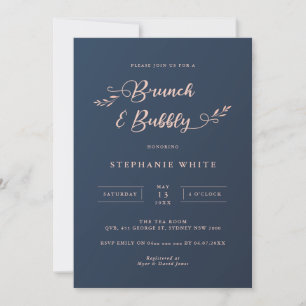 Navy and Pink Foliage Brunch & Bubble Invitation Kaart