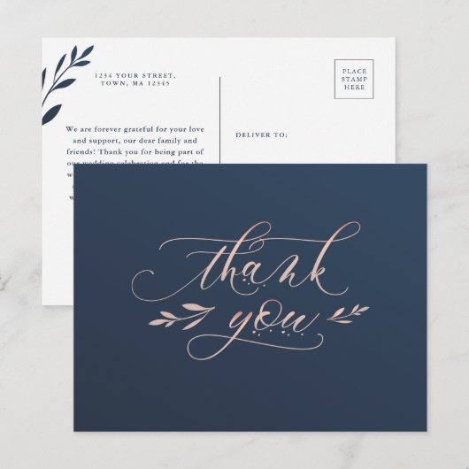 Navy and Pink Foliage Dank u briefkaart (Voorkant / Achterkant)