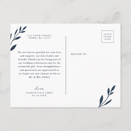 Navy and Pink Foliage Dank u briefkaart (Achterkant)