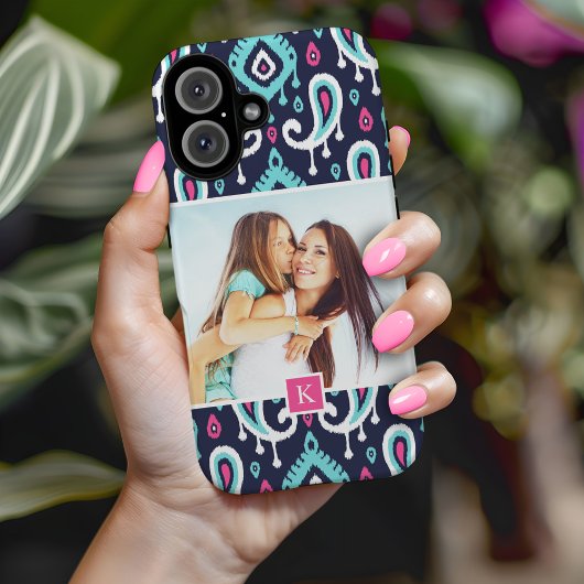 Navy and Pink Ikat Paisley Custom Photo Monogram Case-Mate iPhone Case