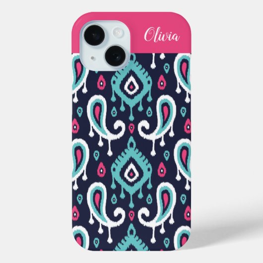 Navy and Pink Ikat Paisley Monogram Case-Mate iPhone Case (Achterkant)