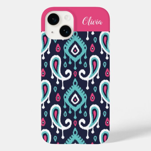 Navy and Pink Ikat Paisley Monogram Case-Mate iPhone Case (Achterkant)