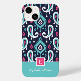 Navy and Pink Ikat Paisley Monogram Case-Mate iPhone 14 Hoesje