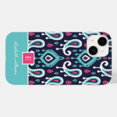 Navy and Pink Ikat Paisley Monogram Case-Mate iPhone Case (Achterkant (horizontaal))