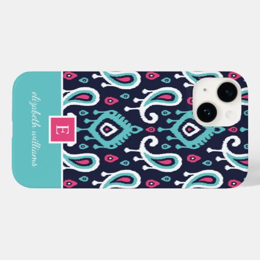 Navy and Pink Ikat Paisley Monogram Case-Mate iPhone Case (Achterkant (horizontaal))