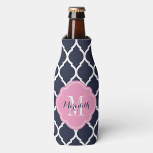 Navy and Pink Moroccan Quatrefoil Monogram Flesjeskoeler