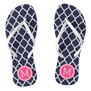 Navy and Pink Moroccan Quatrefoil Monogram Teenslippers