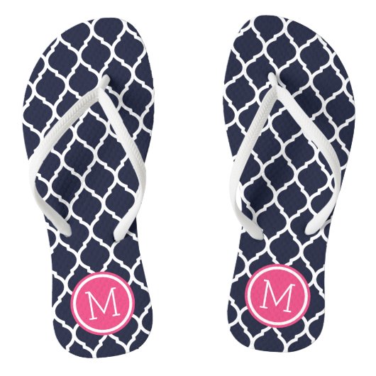 Navy and Pink Moroccan Quatrefoil Monogram Teenslippers (Voetbed)