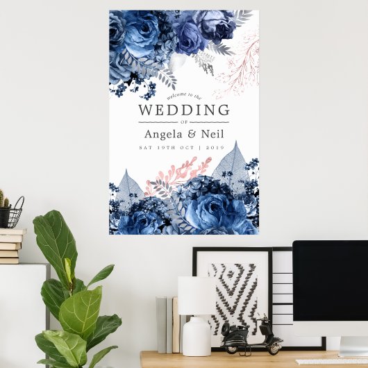 Navy and Pink with Silver Foil Wedding Welcome Poster (Thuiskantoor)