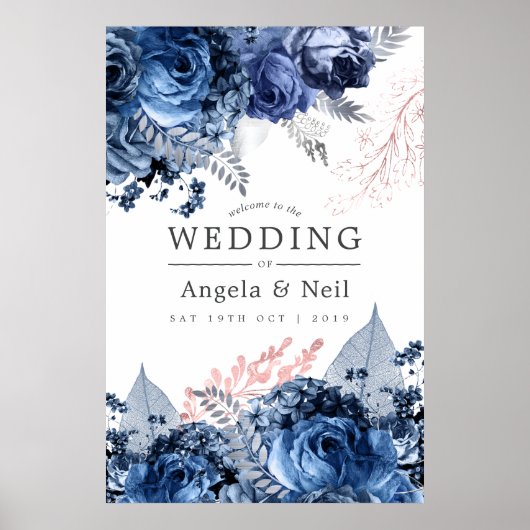 Navy and Pink with Silver Foil Wedding Welcome Poster (Voorkant)