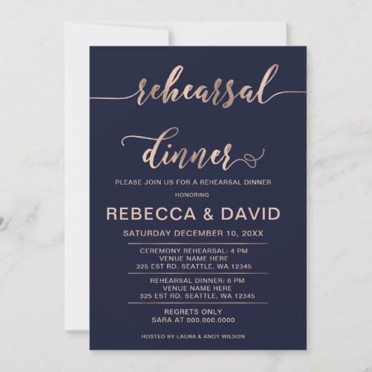 Navy and Roos Gold Elegant Script Rehearsal Dinner Kaart (Voorkant)
