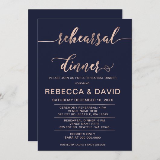 Navy and Roos Gold Elegant Script Rehearsal Dinner Kaart (Voorkant / Achterkant)
