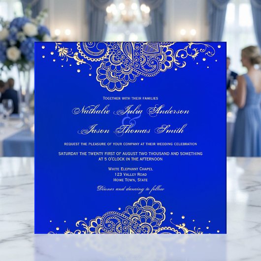 Navy and Royal Blue Henna Lace Wedding Invitation Kaart