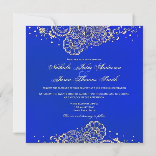 Navy and Royal Blue Henna Lace Wedding Invitation Kaart (Voorkant)