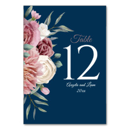 Navy and Roze met Waterverf Flowers Table Number Kaart