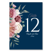 Navy and Roze met Waterverf Flowers Table Number Kaart (Voorkant)