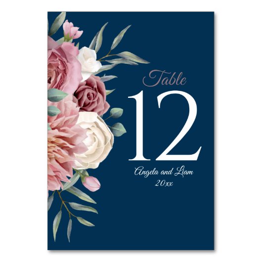 Navy and Roze met Waterverf Flowers Table Number Kaart (Voorkant)
