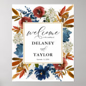 Navy and Rust Boho Waterverf Flowers Welkom Poster (Voorkant)