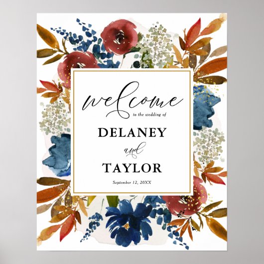 Navy and Rust Boho Waterverf Flowers Welkom Poster (Voorkant)