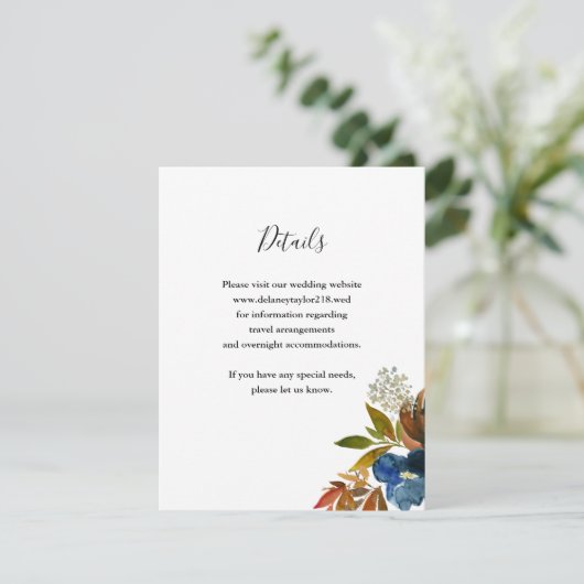 Navy and Rust Waterverf Floral Wedding Detail Informatiekaartje (Staand voorkant)