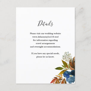 Navy and Rust Waterverf Floral Wedding Detail Informatiekaartje