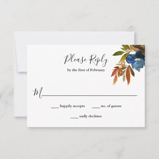 Navy and Rust Waterverf Floral Wedding RSVP Kaartje (Voorkant)
