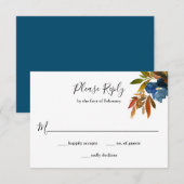 Navy and Rust Waterverf Floral Wedding RSVP Kaartje (Voorkant / Achterkant)