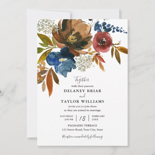 Navy and Rust Waterverf Flowers Wedding Kaart (Voorkant)