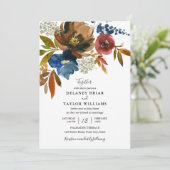 Navy and Rust Waterverf Flowers Wedding Kaart (Staand voorkant)